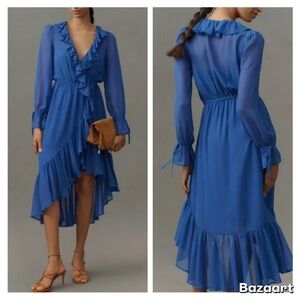 Anthropologie Long Sleeve Ruffled Asymmetric Blue Midi Dress Sz S NWT